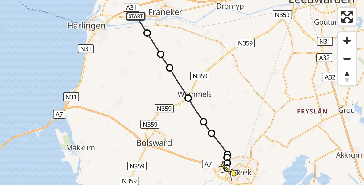 Routekaart van de vlucht: Ambulanceheli naar Sneek, Hoofdweg