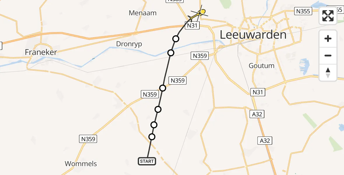 Routekaart van de vlucht: Ambulancehelikopter naar Marsum, Wammert
