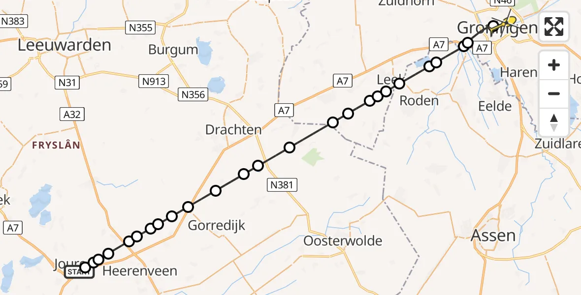 Routekaart van de vlucht: Lifeliner 4 naar Universitair Medisch Centrum Groningen, Jentjemeer