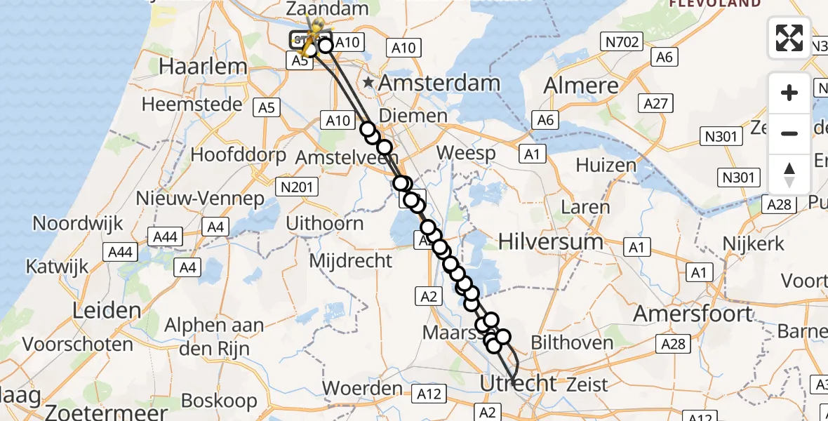Vluchtroute Traumahelikopter van Amsterdam Heliport naar Amsterdam Heliport