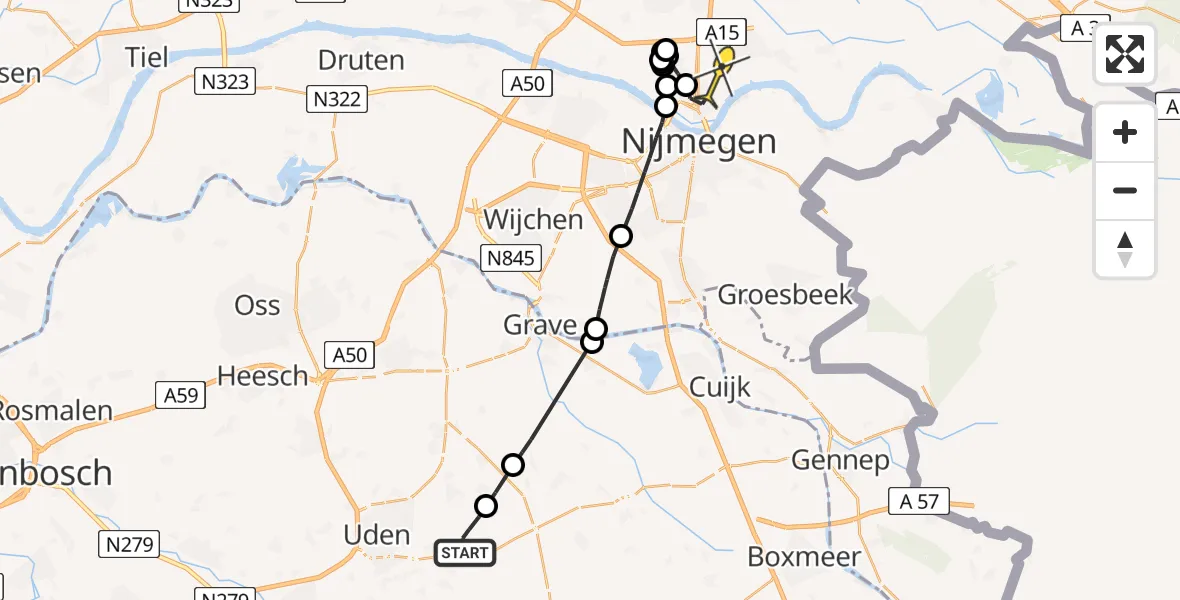Routekaart van de vlucht: Politiehelikopter naar Bemmel, Zeelandsedijk