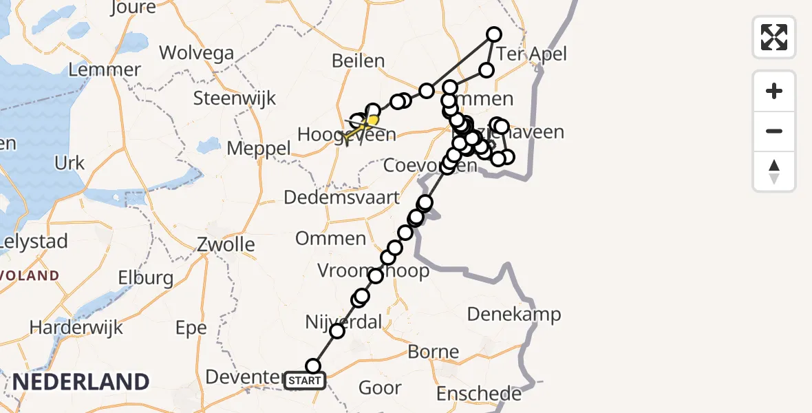 Routekaart van de vlucht: Politieheli naar Vliegveld Hoogeveen, Leemkuilsweg