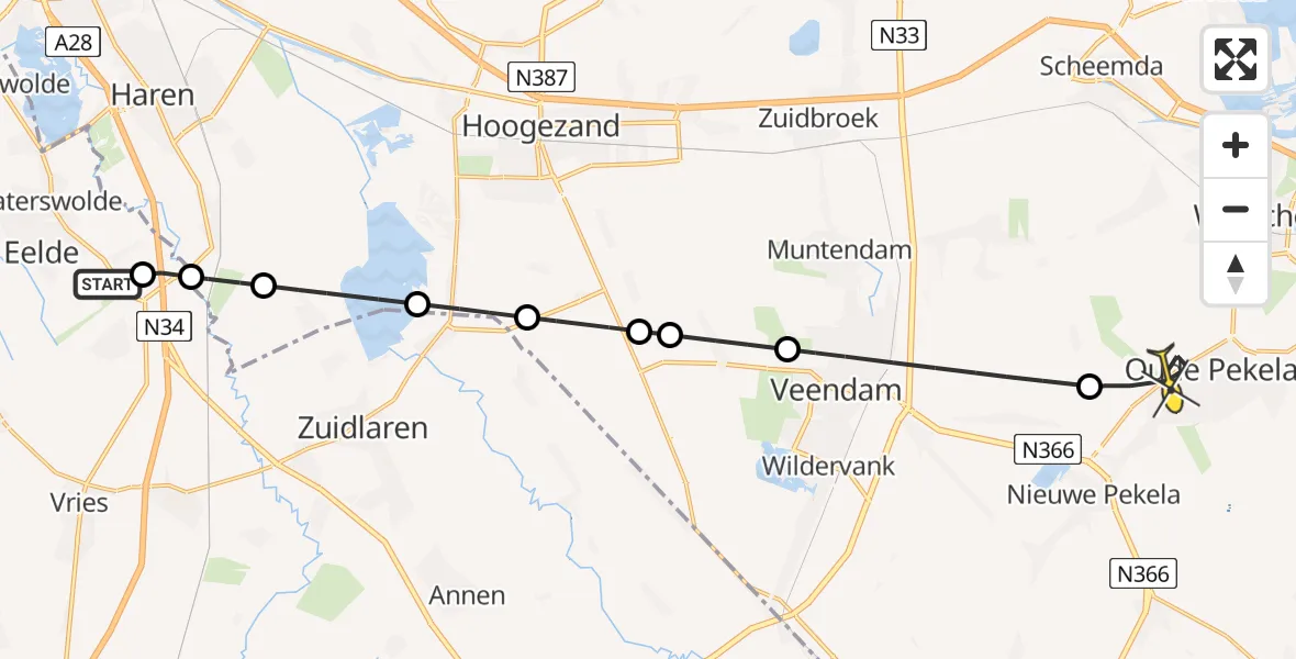 Routekaart van de vlucht: Lifeliner 4 naar Oude Pekela, Burgemeester J.G. Legroweg