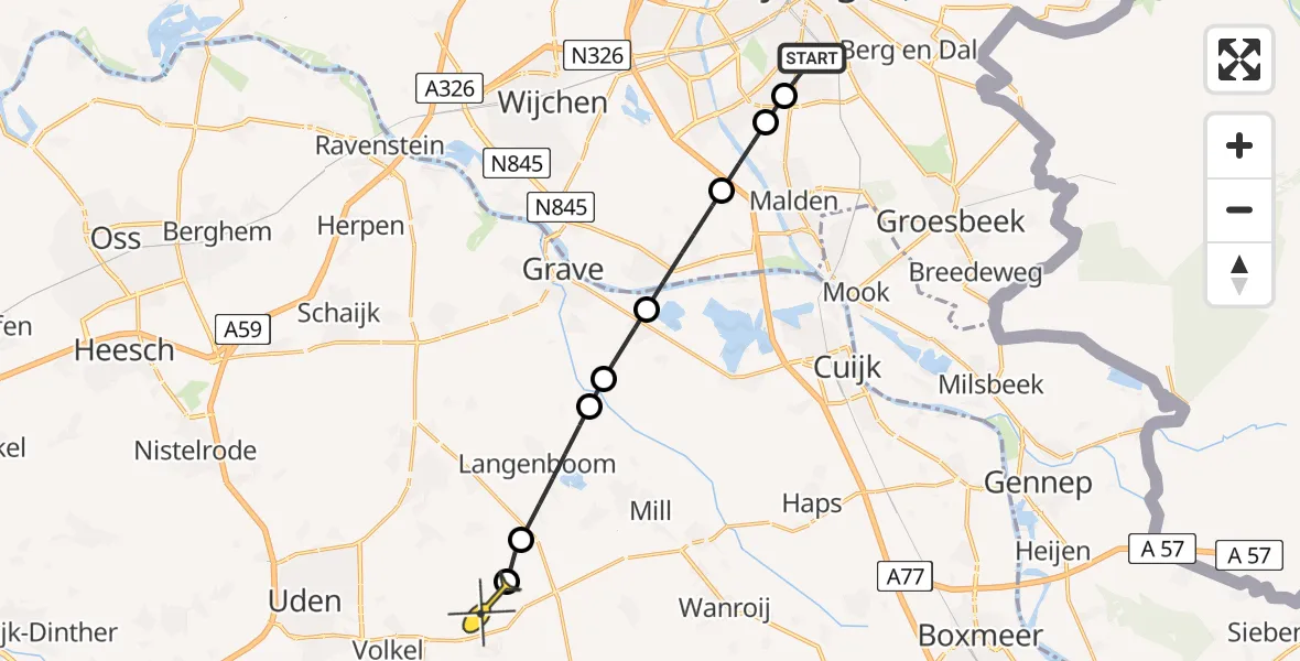 Routekaart van de vlucht: Lifeliner 3 naar Vliegbasis Volkel, van Peltlaan