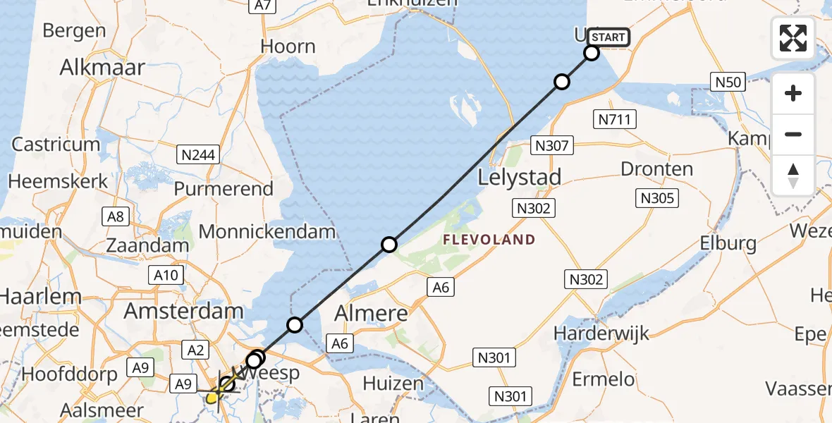 Routekaart van de vlucht: Lifeliner 1 naar Academisch Medisch Centrum (AMC), Schulpengat