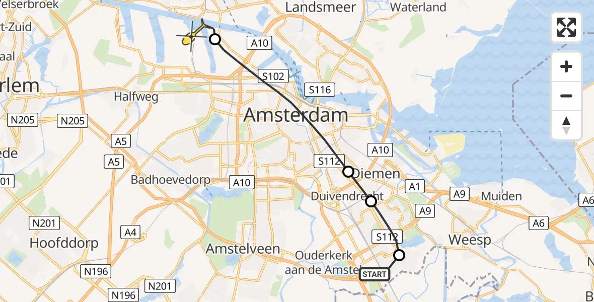 Routekaart van de vlucht: Lifeliner 1 naar Amsterdam Heliport, Slikkerveerstraat