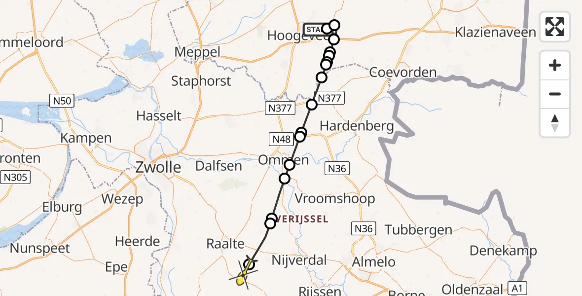 Routekaart van de vlucht: Politiehelikopter naar Nieuw Heeten, Zeppelinstraat