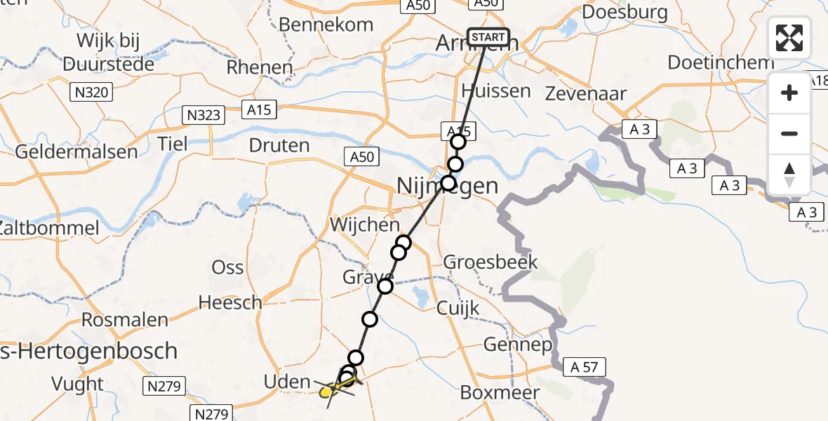 Routekaart van de vlucht: Politiehelikopter naar Vliegbasis Volkel, Bemmelse Zeeg