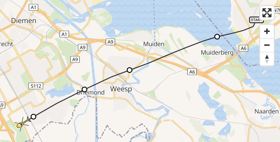 Routekaart van de vlucht: Lifeliner 1 naar Academisch Medisch Centrum (AMC), Muiderzandweg