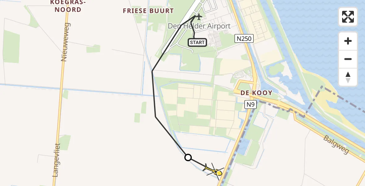 Routekaart van de vlucht:  naar Den Helder, Korte Vliet