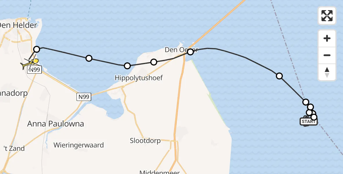 Routekaart van de vlucht: Kustwachthelikopter naar Vliegveld De Kooy, Luchthavenweg