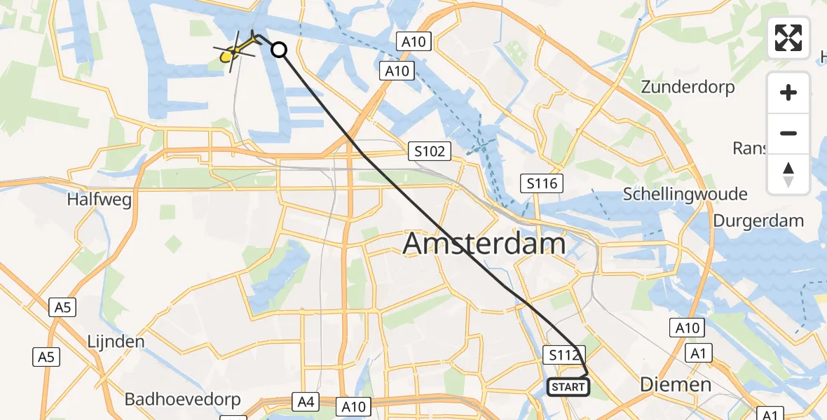 Routekaart van de vlucht: Lifeliner 1 naar Amsterdam Heliport, Nobelweg