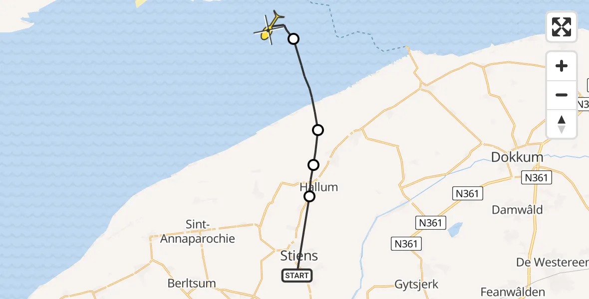 Routekaart van de vlucht: Ambulanceheli naar Nes, Zuidermiedweg