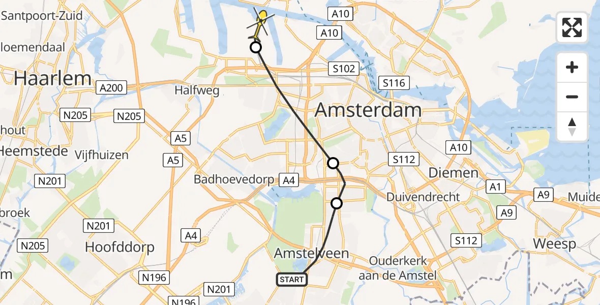 Routekaart van de vlucht: Lifeliner 1 naar Amsterdam Heliport, Icaruslaan