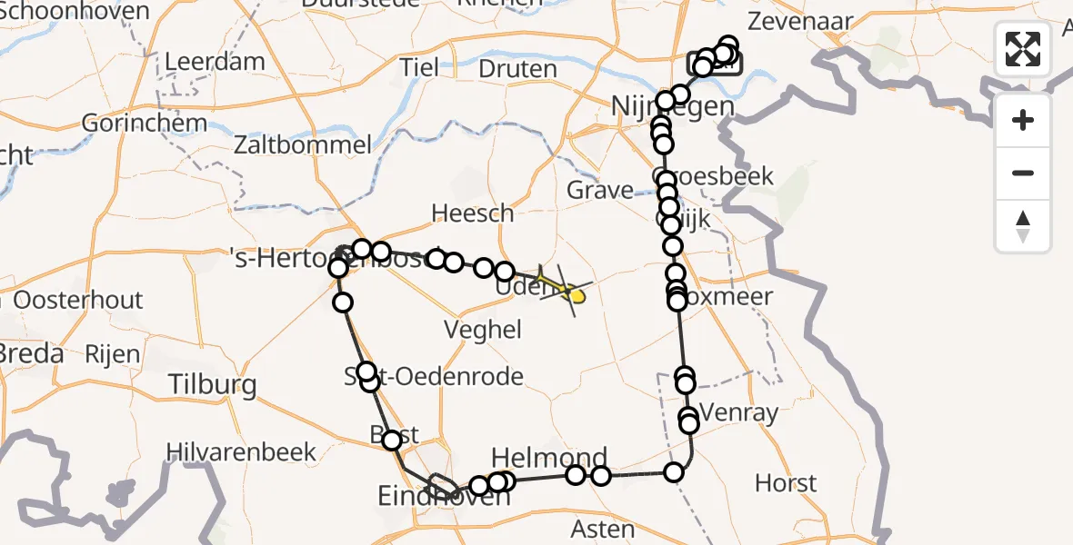 Routekaart van de vlucht: Politieheli naar Vliegbasis Volkel, Kraaienstraat