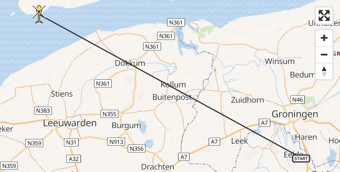 Routekaart van de vlucht: Traumahelikopter naar Ballum, Uithoek