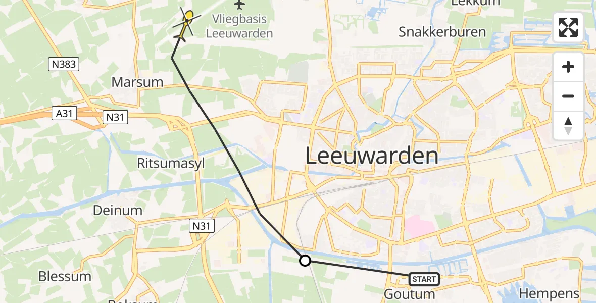 Routekaart van de vlucht: Ambulancehelikopter naar Vliegbasis Leeuwarden, Boksumerdyk