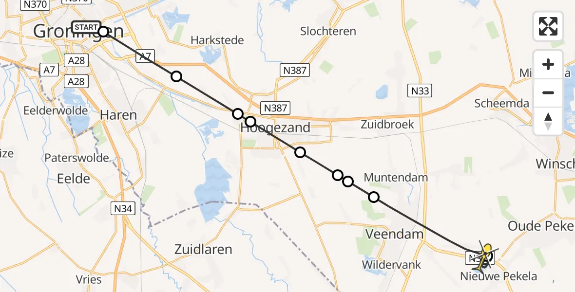 Routekaart van de vlucht: Lifeliner 4 naar Nieuwe Pekela, Bornholmstraat