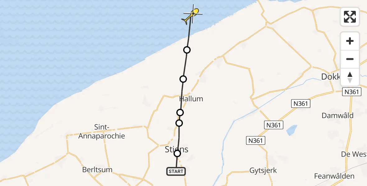 Routekaart van de vlucht: Ambulancehelikopter naar Nes, Wythústerwei