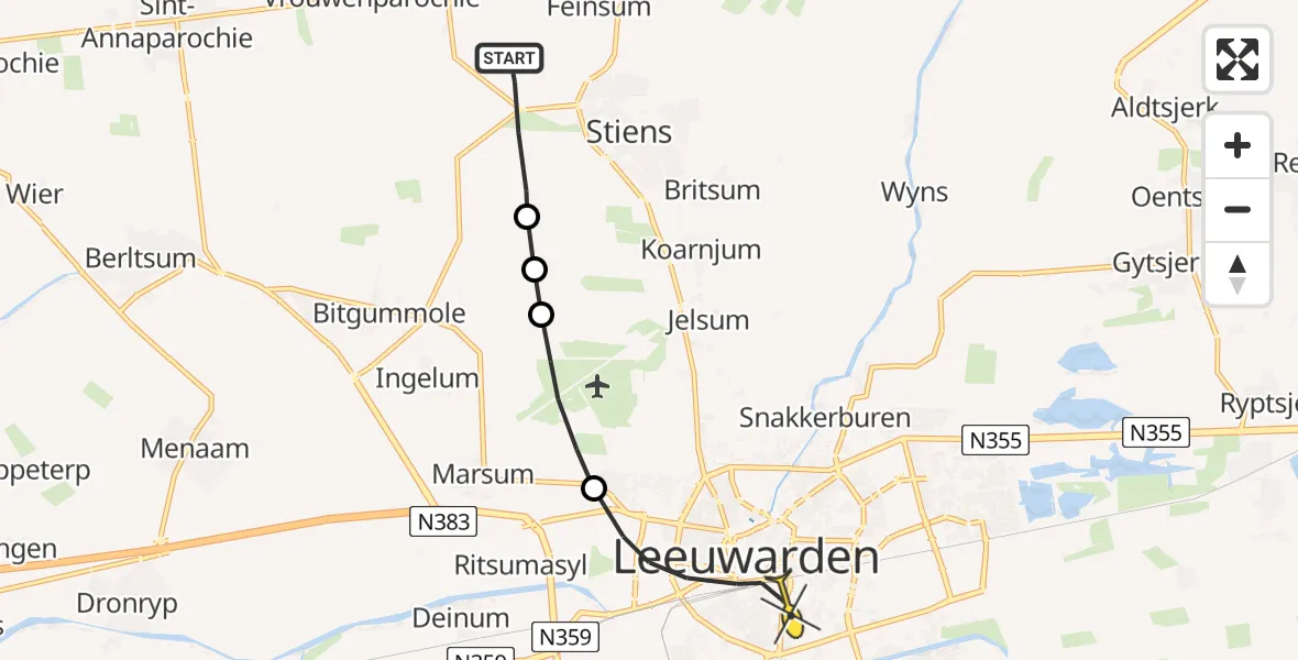 Routekaart van de vlucht: Ambulanceheli naar Leeuwarden, Middelseewei