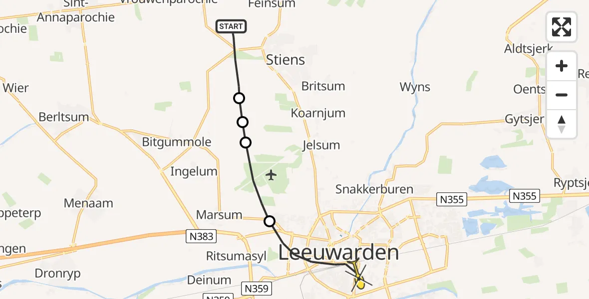 Routekaart van de vlucht: Ambulancehelikopter naar Leeuwarden, Middelseewei