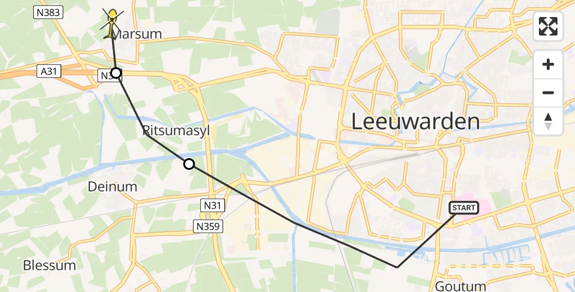 Vluchtroute Ambulancehelikopter van Leeuwarden naar Marsum