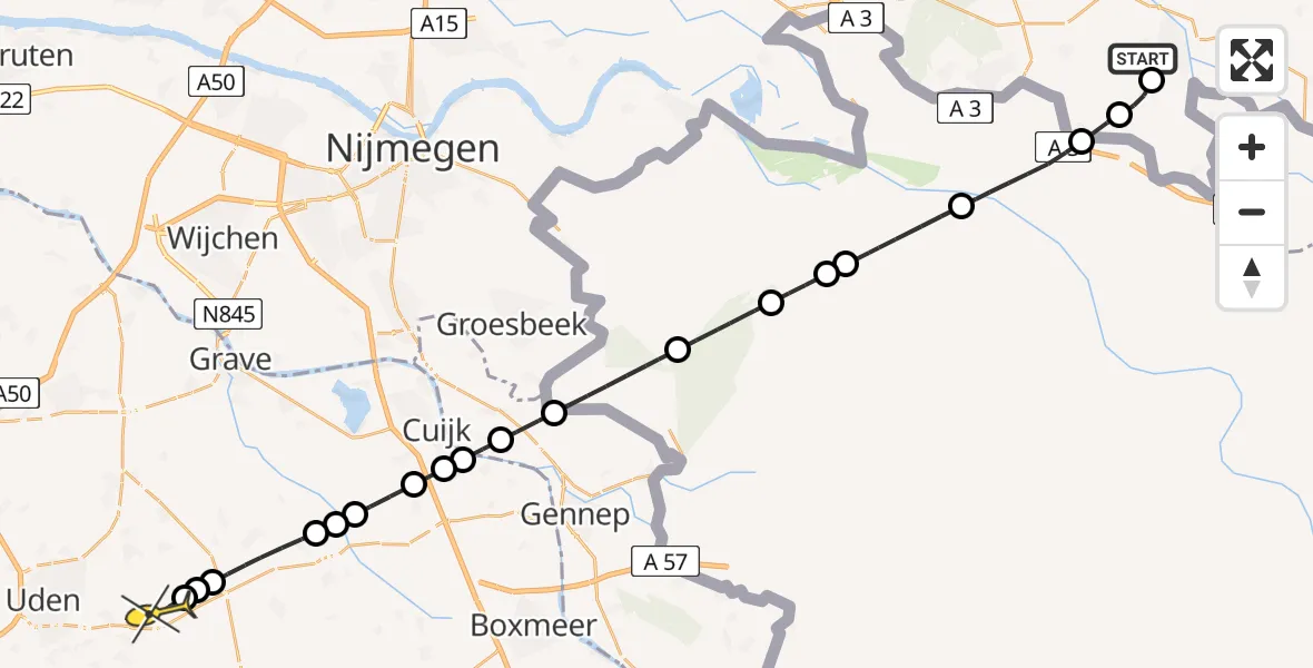 Routekaart van de vlucht: Lifeliner 3 naar Vliegbasis Volkel, Miltseweg