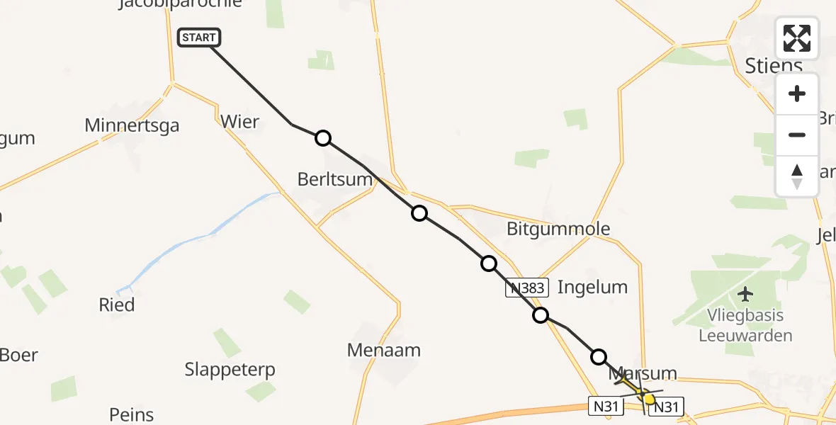 Routekaart van de vlucht: Ambulancehelikopter naar Marsum, Hegedyk