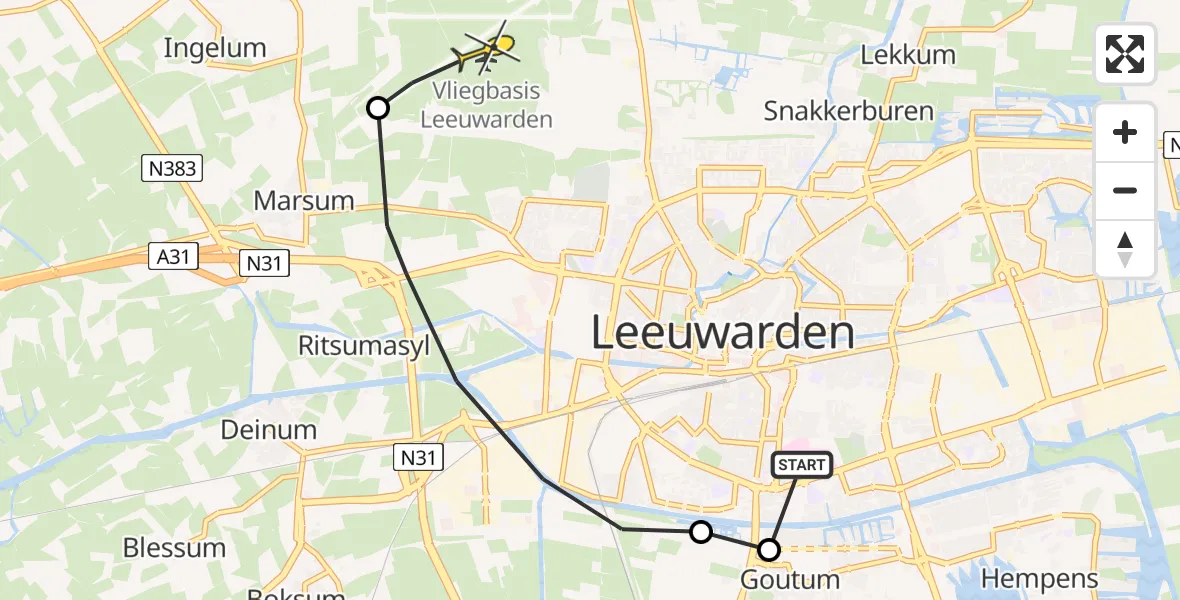 Vluchtroute Ambulancehelikopter van Leeuwarden naar Vliegbasis Leeuwarden