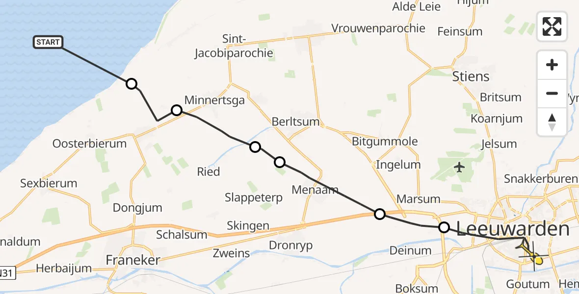 Routekaart van de vlucht: Ambulanceheli naar Leeuwarden, Griene Leane