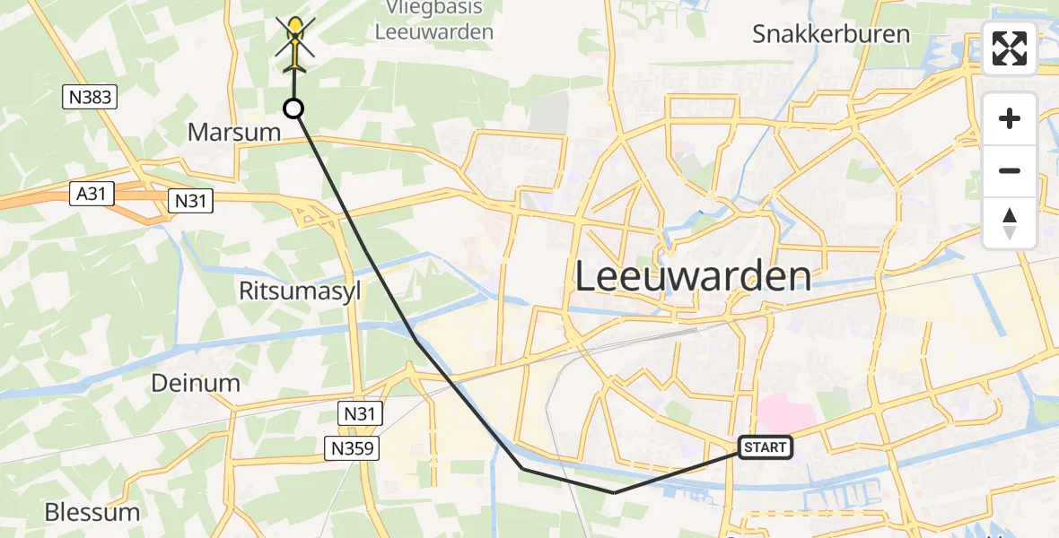Vluchtroute Ambulancehelikopter van Leeuwarden naar Leeuwarden