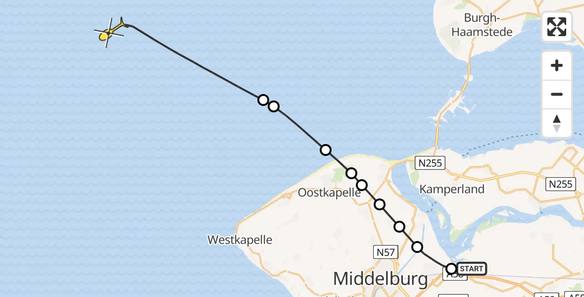 Routekaart van de vlucht: Kustwachthelikopter naar Rijksweg