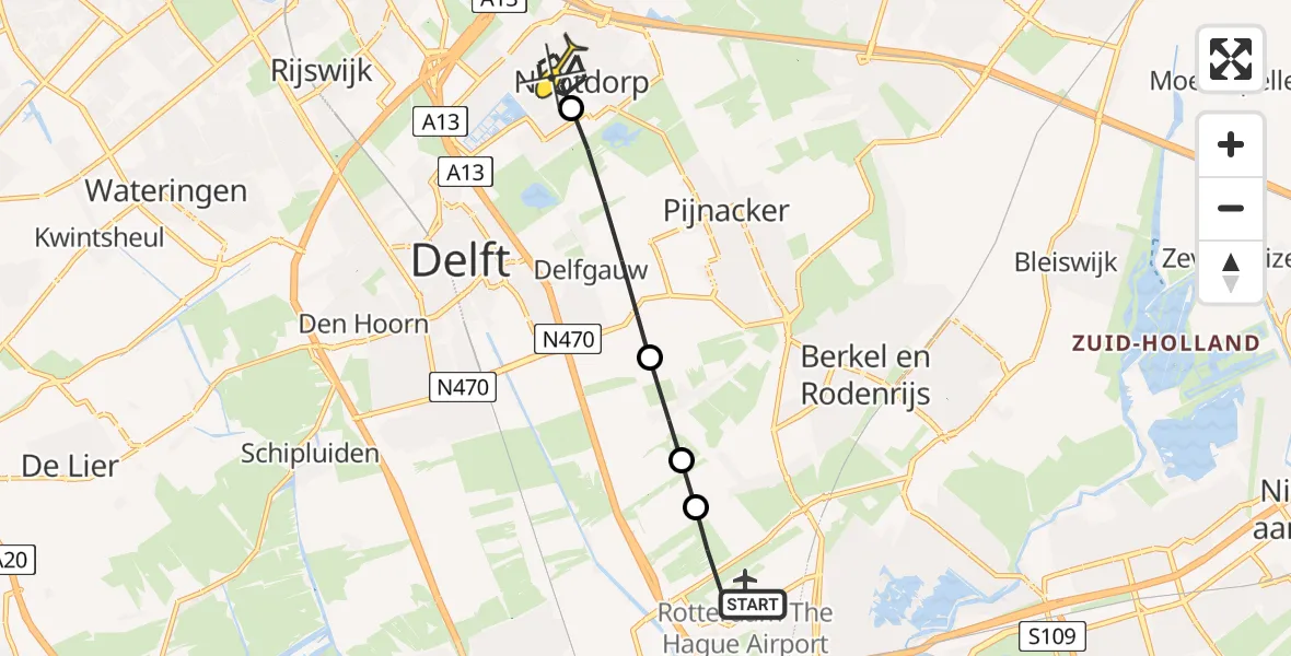 Routekaart van de vlucht: Lifeliner 2 naar Nootdorp, Schieveense polder