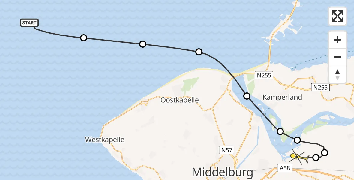 Routekaart van de vlucht: Kustwachthelikopter naar Vliegveld Midden-Zeeland, Calandweg