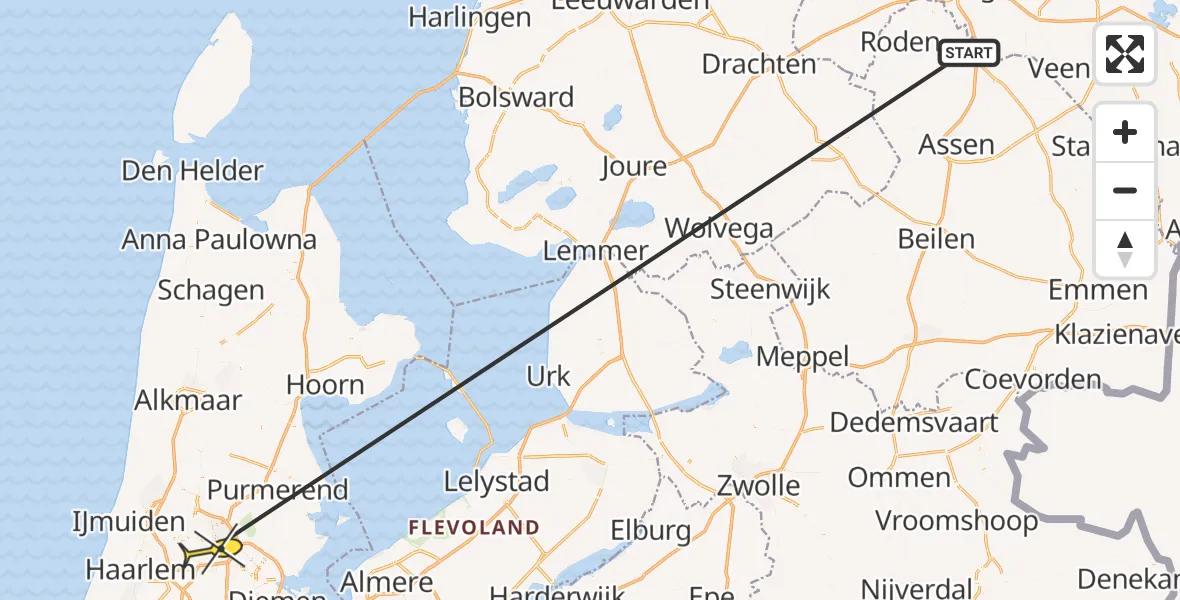 Vluchtroute Traumahelikopter van Groningen Airport Eelde naar Amsterdam Heliport