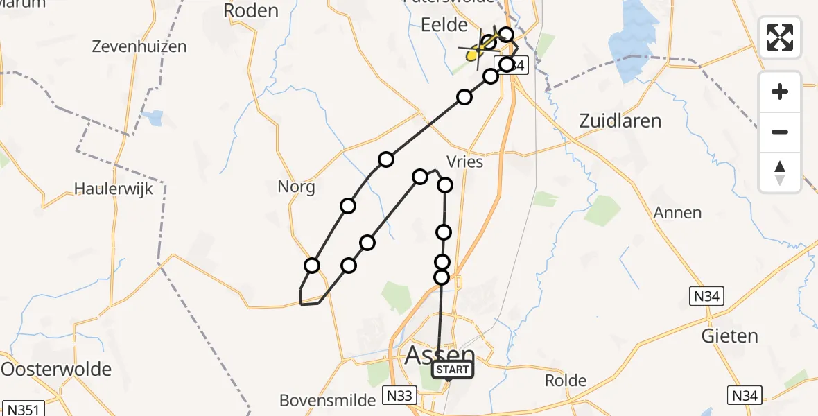 Routekaart van de vlucht: Lifeliner 4 naar Groningen Airport Eelde, Beilerstraat