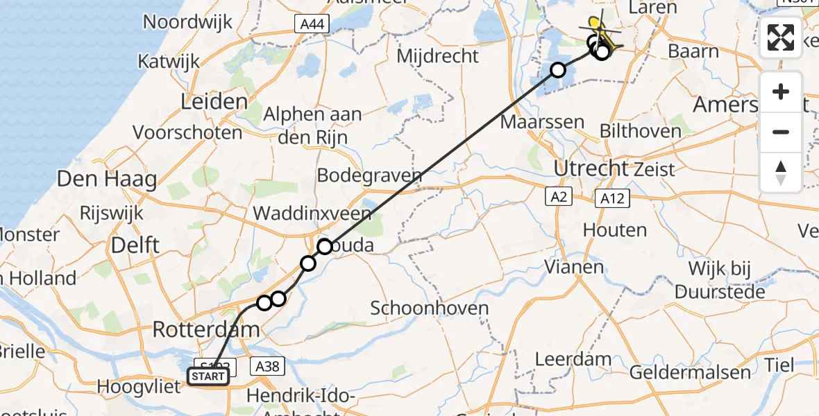 Routekaart van de vlucht: Politieheli naar Hilversum, Ellemare