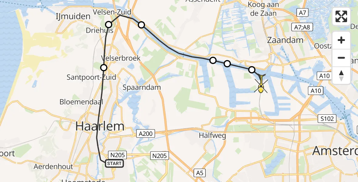 Routekaart van de vlucht: Lifeliner 1 naar Amsterdam Heliport, Tennispad