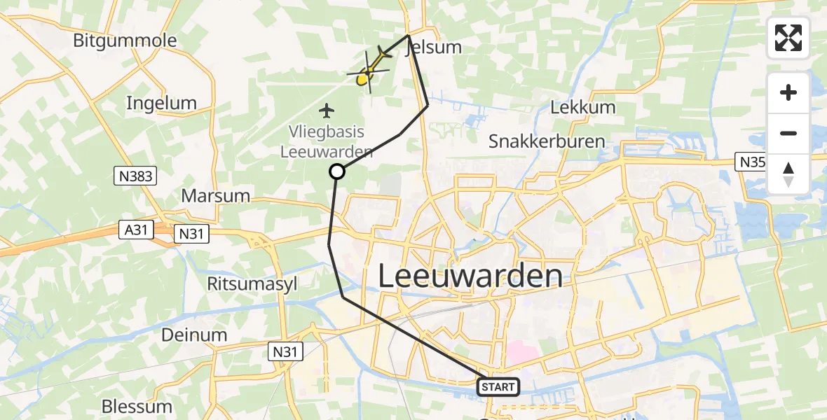 Vluchtroute Ambulancehelikopter van Leeuwarden naar Vliegbasis Leeuwarden