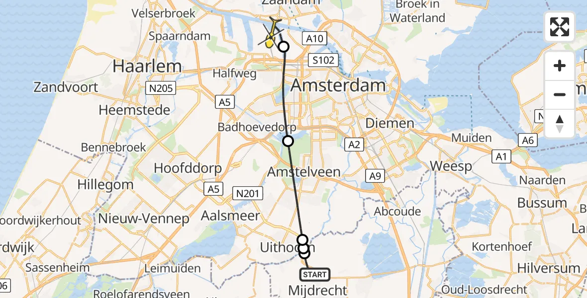 Routekaart van de vlucht: Lifeliner 1 naar Amsterdam Heliport, Tienboerenweg