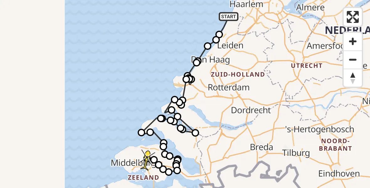 Routekaart van de vlucht: Politieheli naar Vliegveld Midden-Zeeland, Strandafrit 27