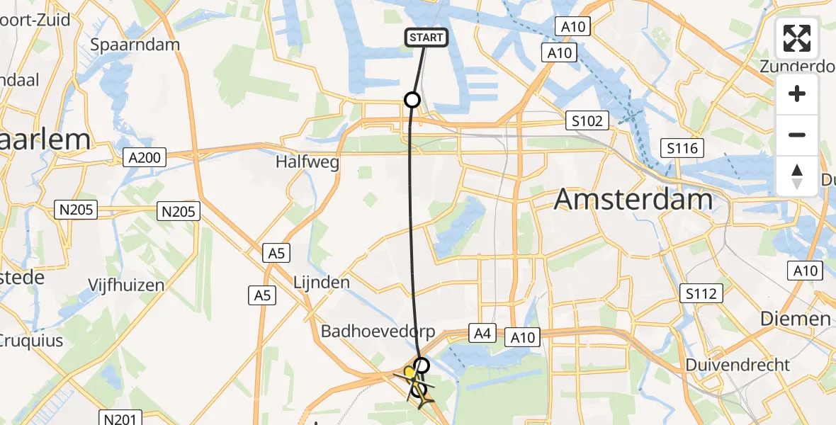 Routekaart van de vlucht: Lifeliner 1 naar Schiphol, Westpoortweg