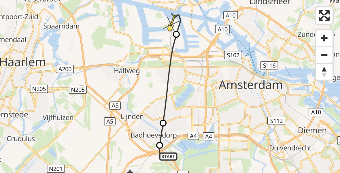 Routekaart van de vlucht: Lifeliner 1 naar Amsterdam Heliport, Dellaertlaan