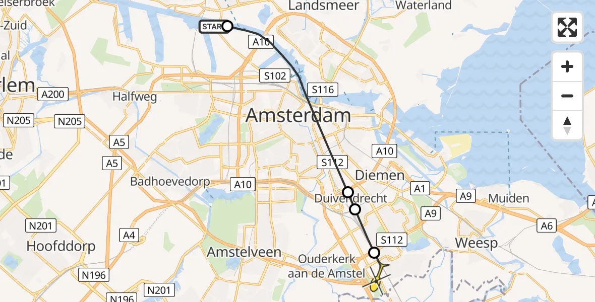 Routekaart van de vlucht: Lifeliner 1 naar Academisch Medisch Centrum (AMC), Valkenburgerstraat