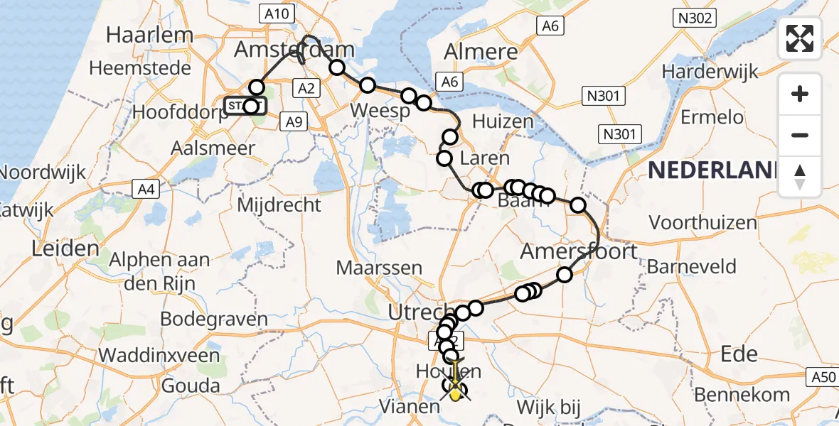 Routekaart van de vlucht: Politieheli naar Houten, Van Weerden-Poelmanweg