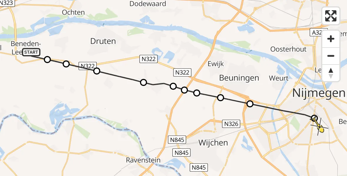 Routekaart van de vlucht: Lifeliner 3 naar Radboud Universitair Medisch Centrum, Klaverveld