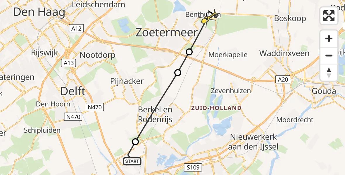 Routekaart van de vlucht: Lifeliner 2 naar Benthuizen, de Bentlanden