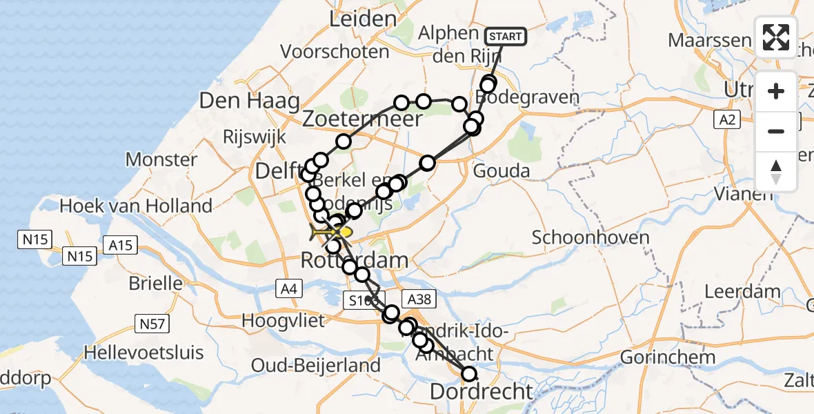 Routekaart van de vlucht: Politieheli naar Rotterdam The Hague Airport, Goudse Rijpad