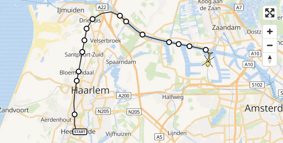Routekaart van de vlucht: Lifeliner 1 naar Amsterdam Heliport, Van Hogendorpstraat