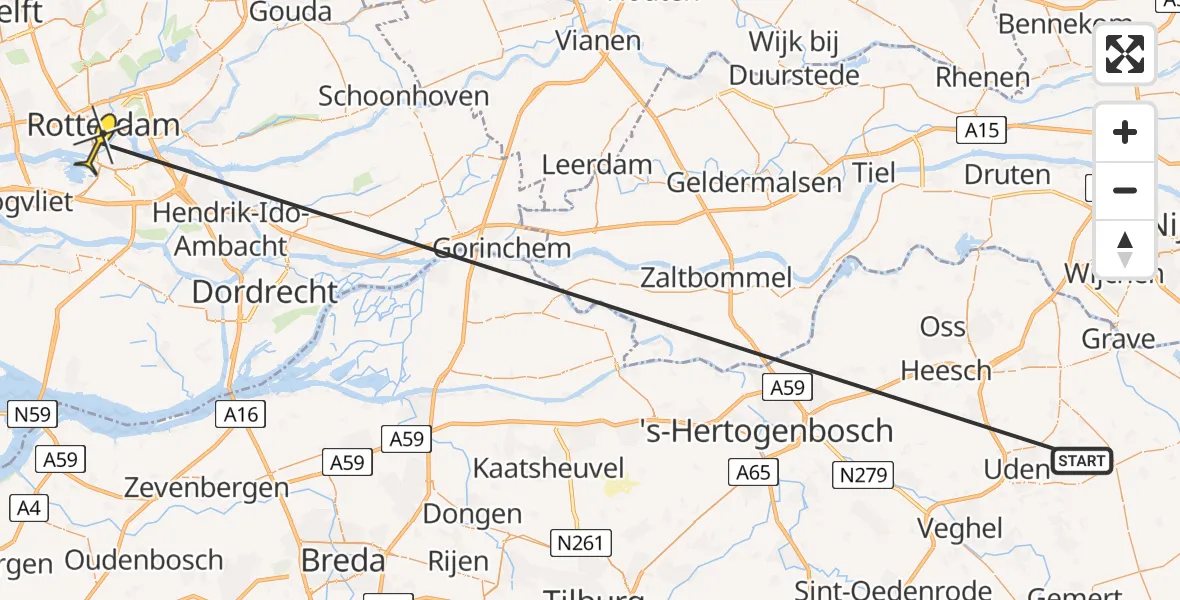 Routekaart van de vlucht: Traumaheli naar Erasmus MC, Westzeedijk